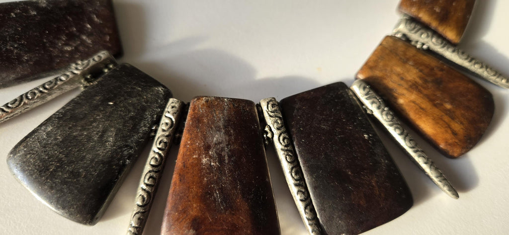 Beads set - Tribal design brown color recycled cattle bone beads and metal alloy beads pendant making kit necklace making supplies - MG020H