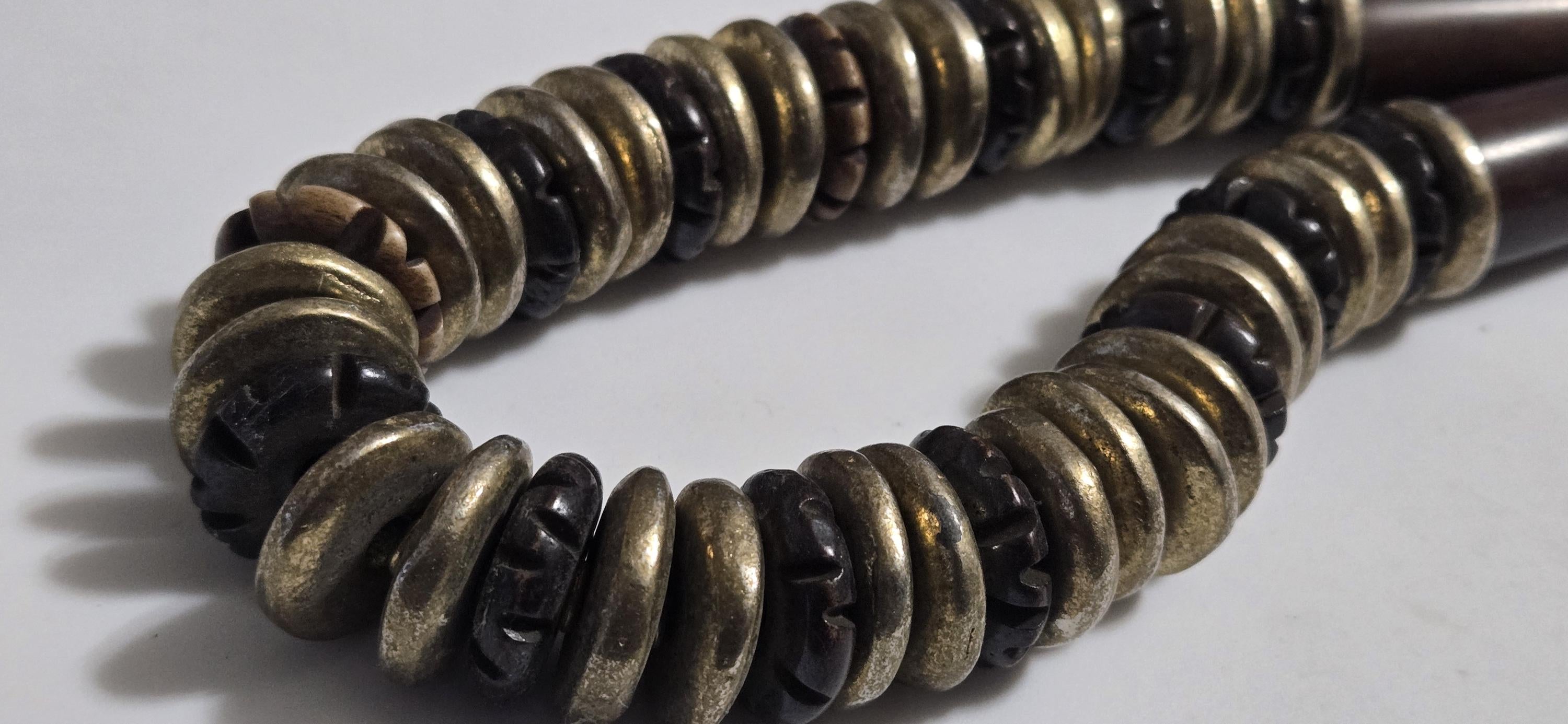 Beads set - Tribal design brown color recycled cattle bone beads brass metal alloy disc beads jewelry making supplies - MG020R