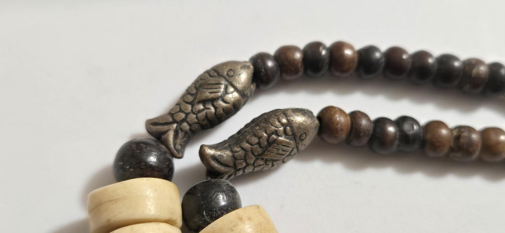 Vintage Nepal Carved Bone Beaded Necklace, Recycled Cattle Bone beads Brown Cream color Fish Metal Beads, Tribal Ethnic Necklace MG0021G