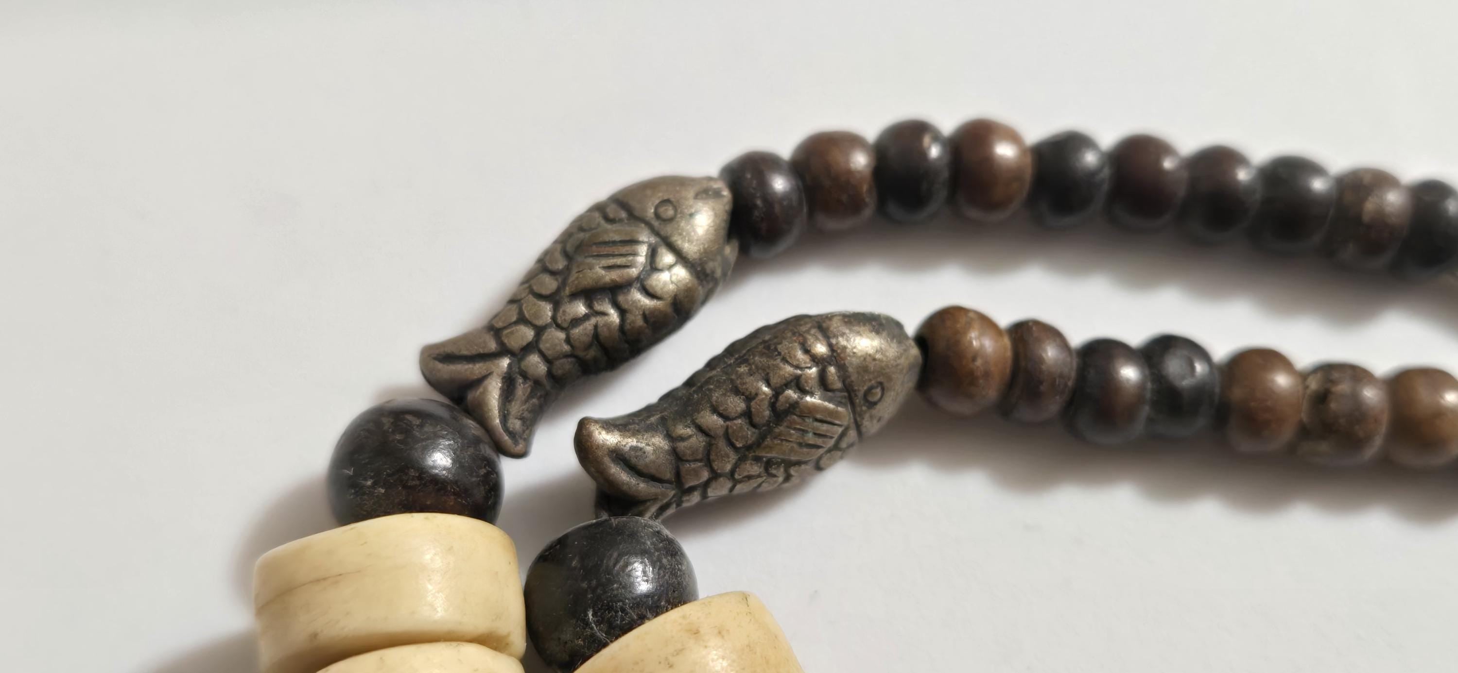 Vintage Nepal Carved Bone Beaded Necklace, Recycled Cattle Bone beads Brown Cream color Fish Metal Beads, Tribal Ethnic Necklace MG0021G