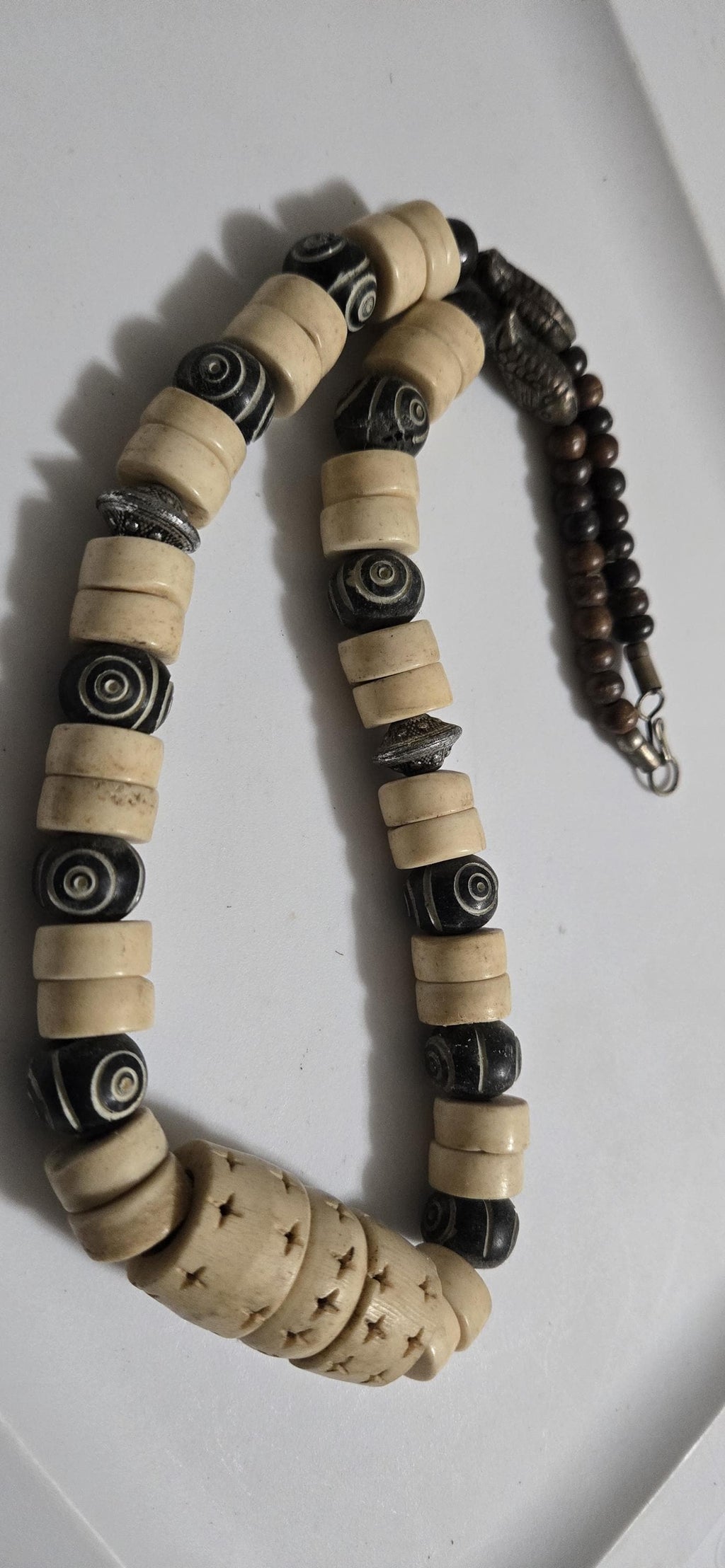 Vintage Nepal Carved Bone Beaded Necklace, Recycled Cattle Bone beads Brown Cream color Fish Metal Beads, Tribal Ethnic Necklace MG0021G