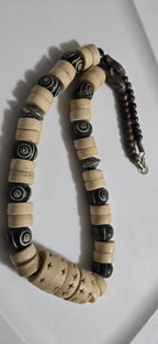 Vintage Nepal Carved Bone Beaded Necklace, Recycled Cattle Bone beads Brown Cream color Fish Metal Beads, Tribal Ethnic Necklace MG0021G