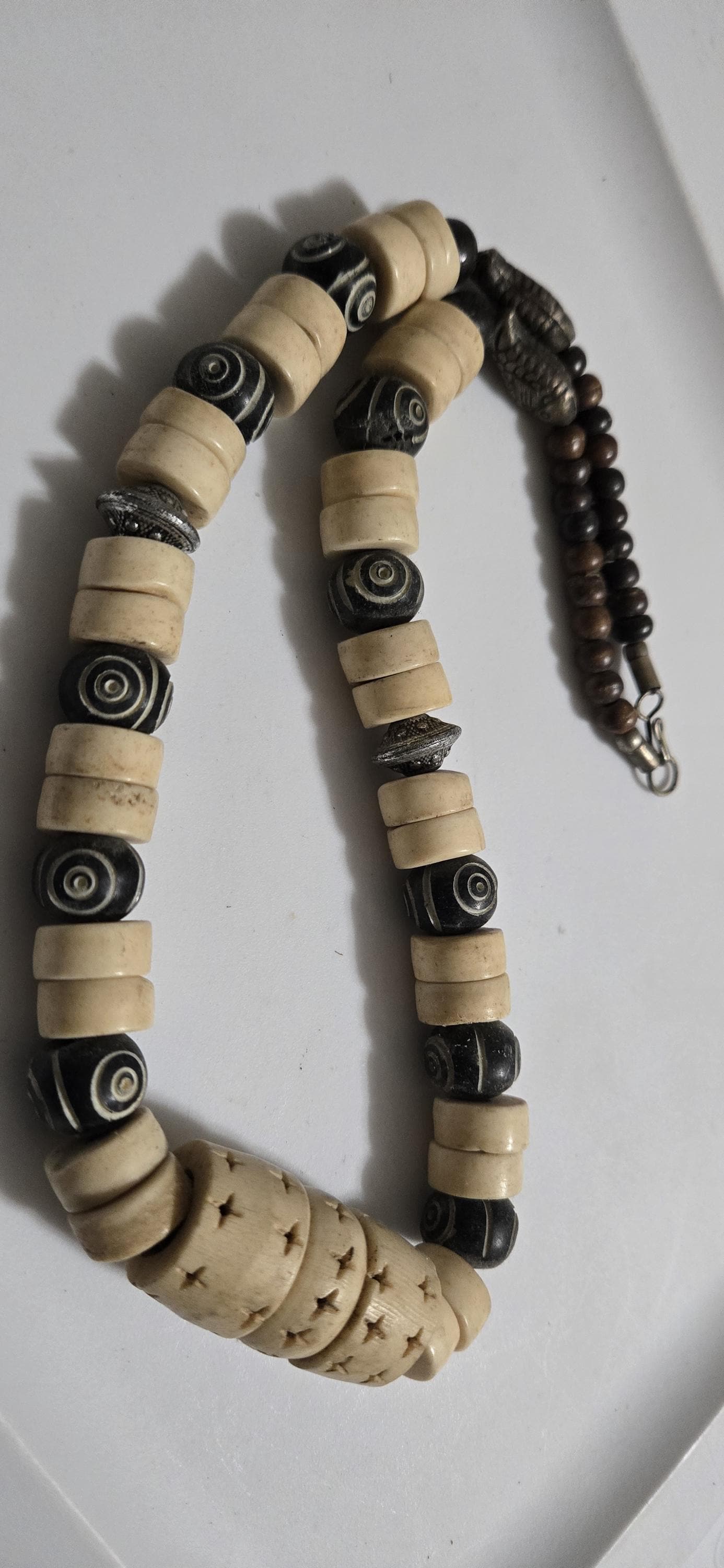 Vintage Nepal Carved Bone Beaded Necklace, Recycled Cattle Bone beads Brown Cream color Fish Metal Beads, Tribal Ethnic Necklace MG0021G