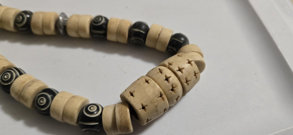 Vintage Nepal Carved Bone Beaded Necklace, Recycled Cattle Bone beads Brown Cream color Fish Metal Beads, Tribal Ethnic Necklace MG0021G
