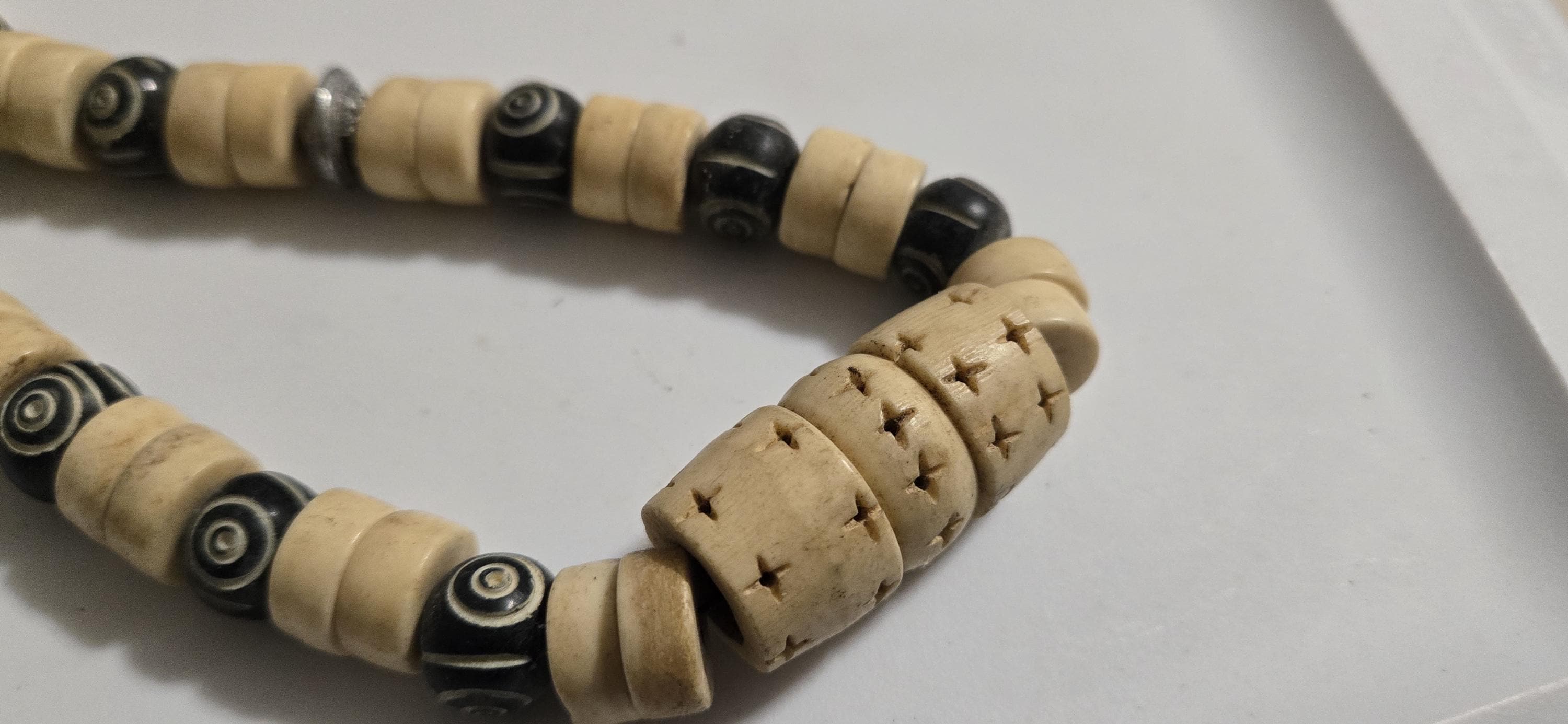 Vintage Nepal Carved Bone Beaded Necklace, Recycled Cattle Bone beads Brown Cream color Fish Metal Beads, Tribal Ethnic Necklace MG0021G