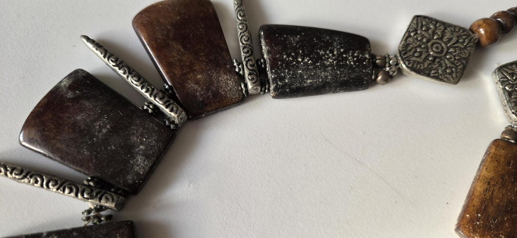 Beads set - Tribal design brown color recycled cattle bone beads and metal alloy beads pendant making kit necklace making supplies - MG020H