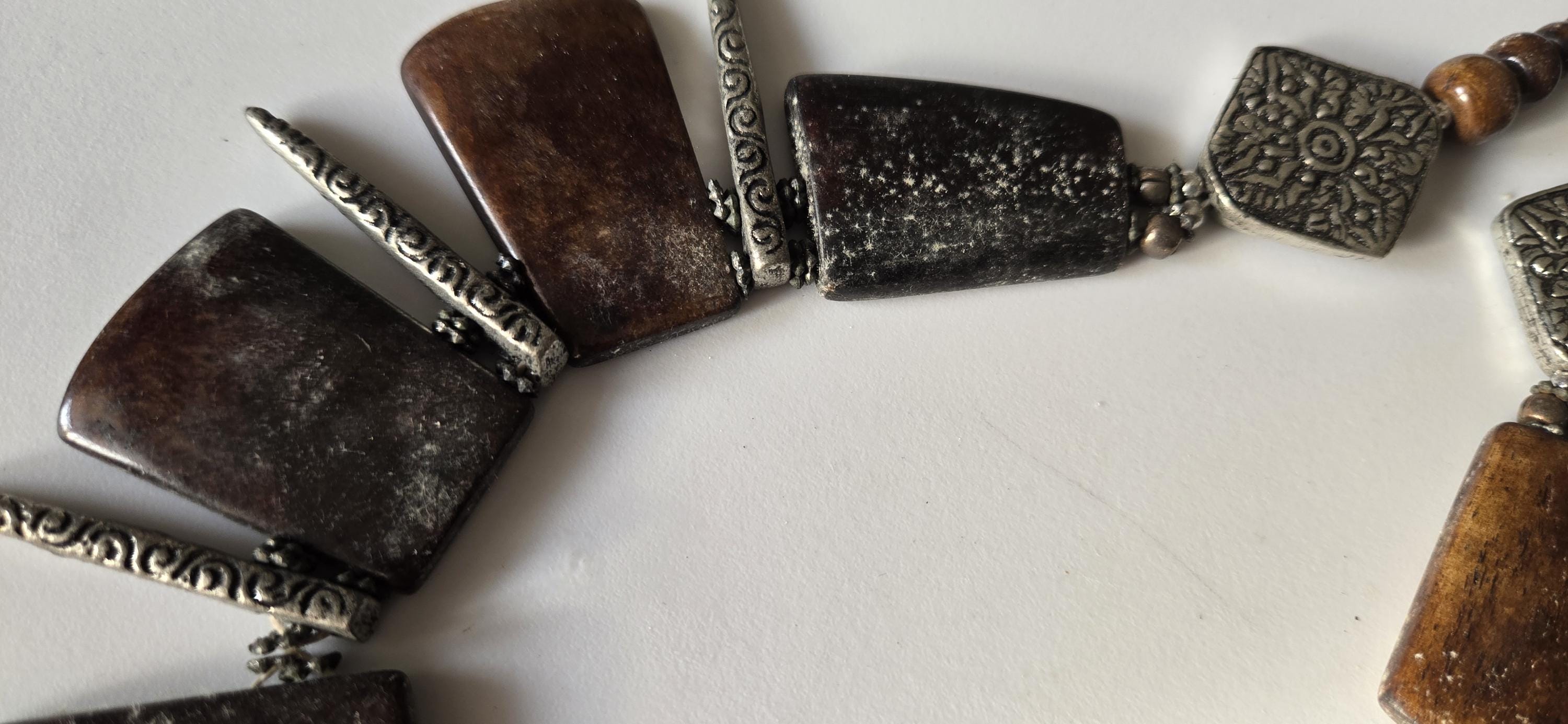 Beads set - Tribal design brown color recycled cattle bone beads and metal alloy beads pendant making kit necklace making supplies - MG020H