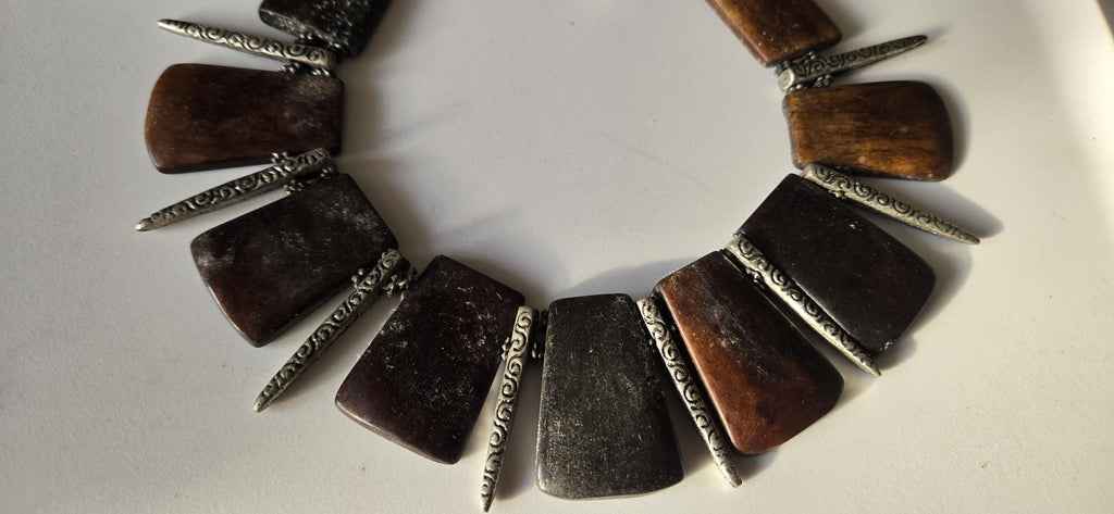 Beads set - Tribal design brown color recycled cattle bone beads and metal alloy beads pendant making kit necklace making supplies - MG020H