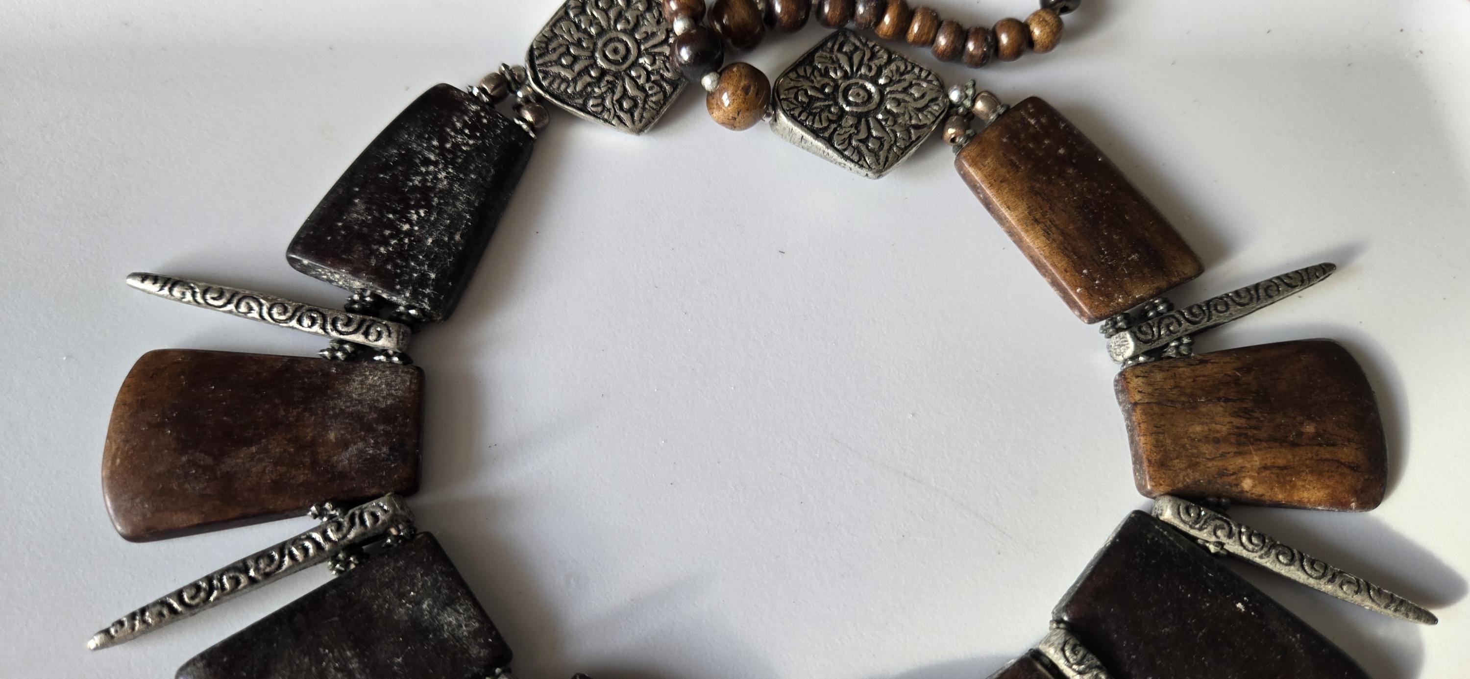 Beads set - Tribal design brown color recycled cattle bone beads and metal alloy beads pendant making kit necklace making supplies - MG020H