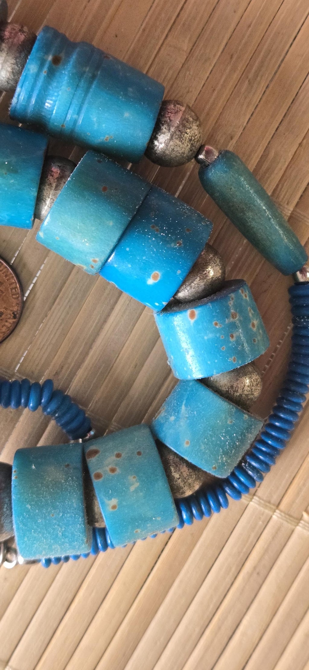 Beads set - Tribal design dyed blue color recycled cattle bone beads necklace making supplies - MG020P