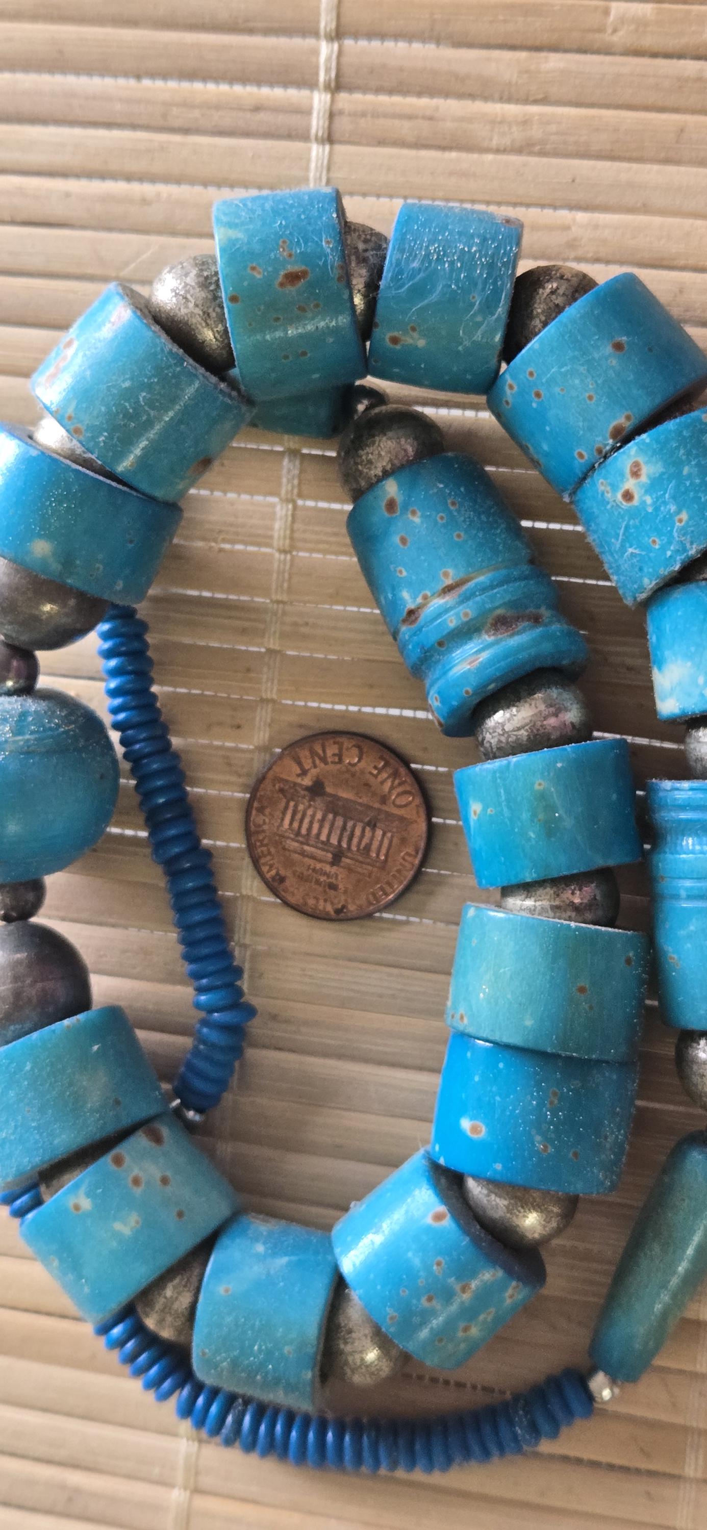 Beads set - Tribal design dyed blue color recycled cattle bone beads necklace making supplies - MG020P