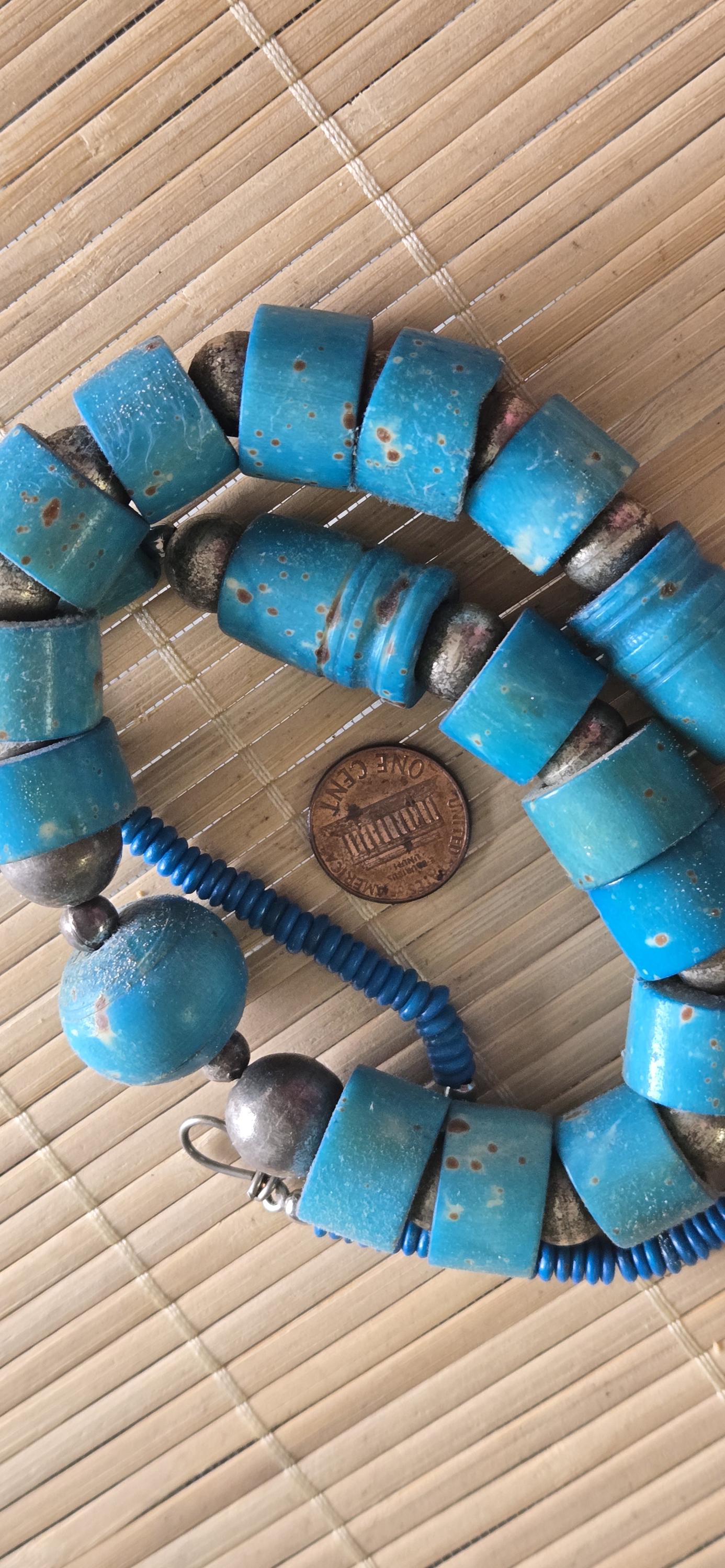 Beads set - Tribal design dyed blue color recycled cattle bone beads necklace making supplies - MG020P