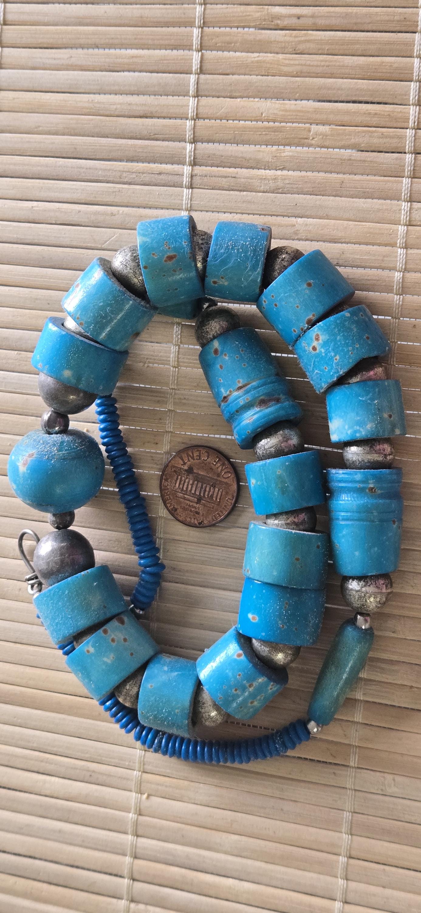 Beads set - Tribal design dyed blue color recycled cattle bone beads necklace making supplies - MG020P