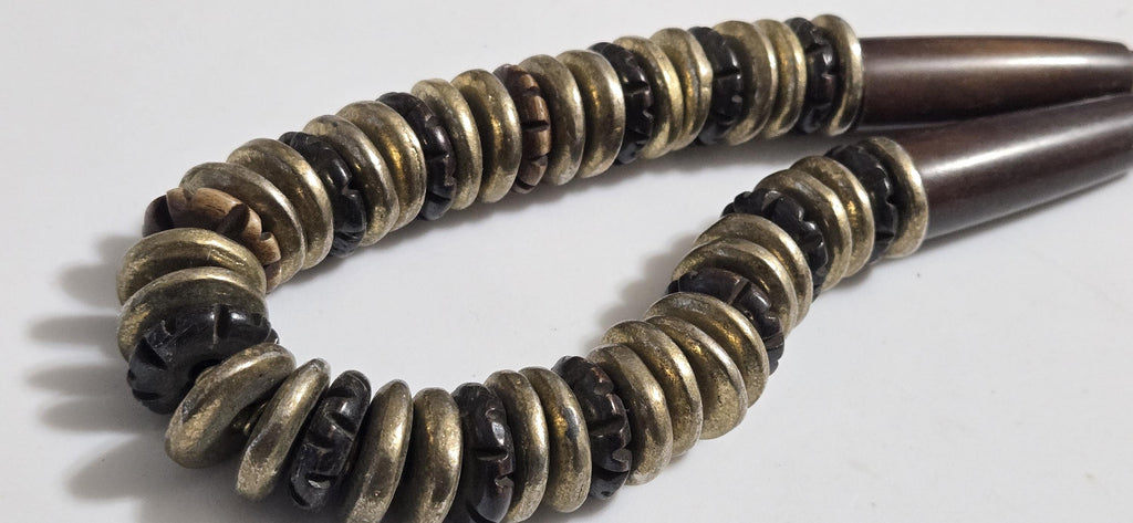 Beads set - Tribal design brown color recycled cattle bone beads brass metal alloy disc beads jewelry making supplies - MG020R