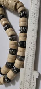 Vintage Nepal Carved Bone Beaded Necklace, Recycled Cattle Bone beads Brown Cream color Fish Metal Beads, Tribal Ethnic Necklace MG0021G