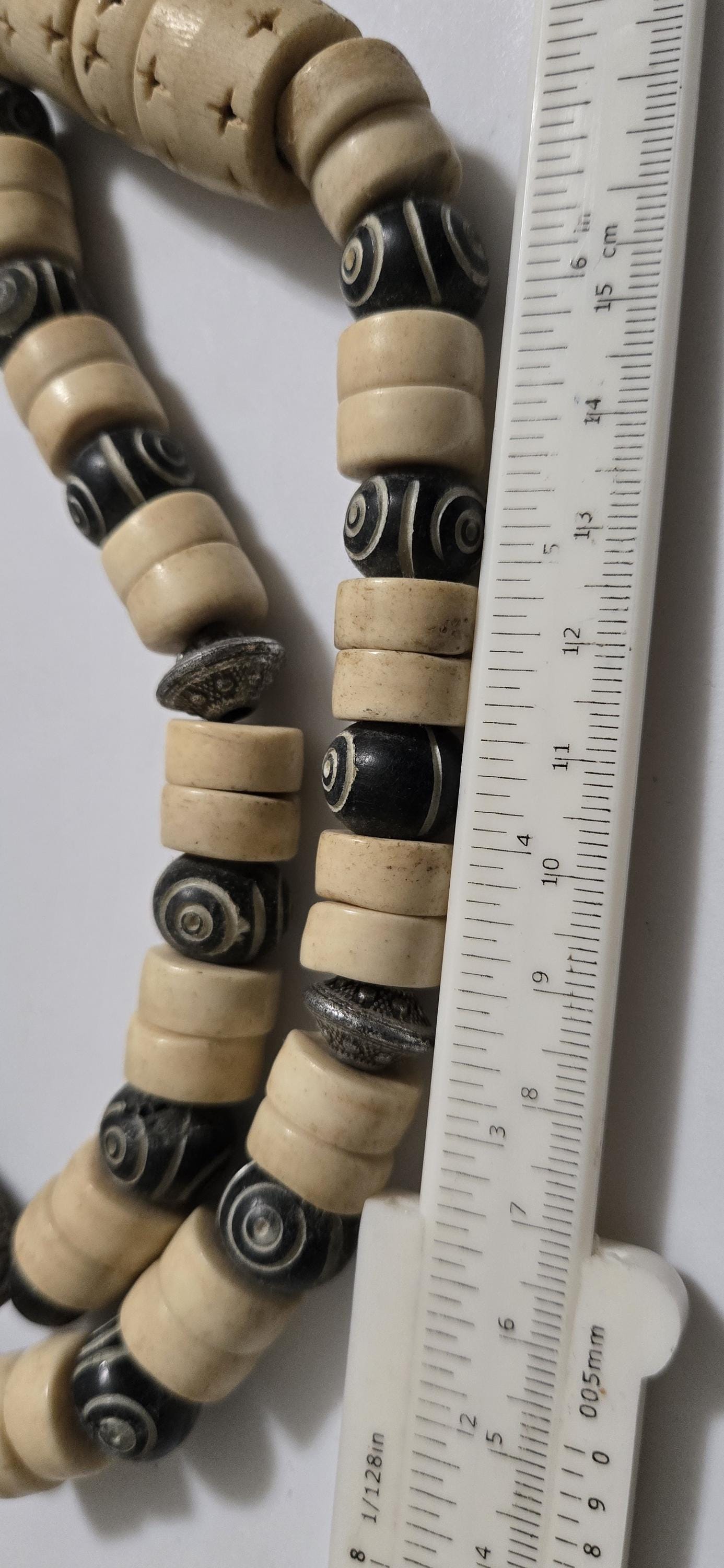 Vintage Nepal Carved Bone Beaded Necklace, Recycled Cattle Bone beads Brown Cream color Fish Metal Beads, Tribal Ethnic Necklace MG0021G