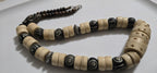 Vintage Nepal Carved Bone Beaded Necklace, Recycled Cattle Bone beads Brown Cream color Fish Metal Beads, Tribal Ethnic Necklace MG0021G