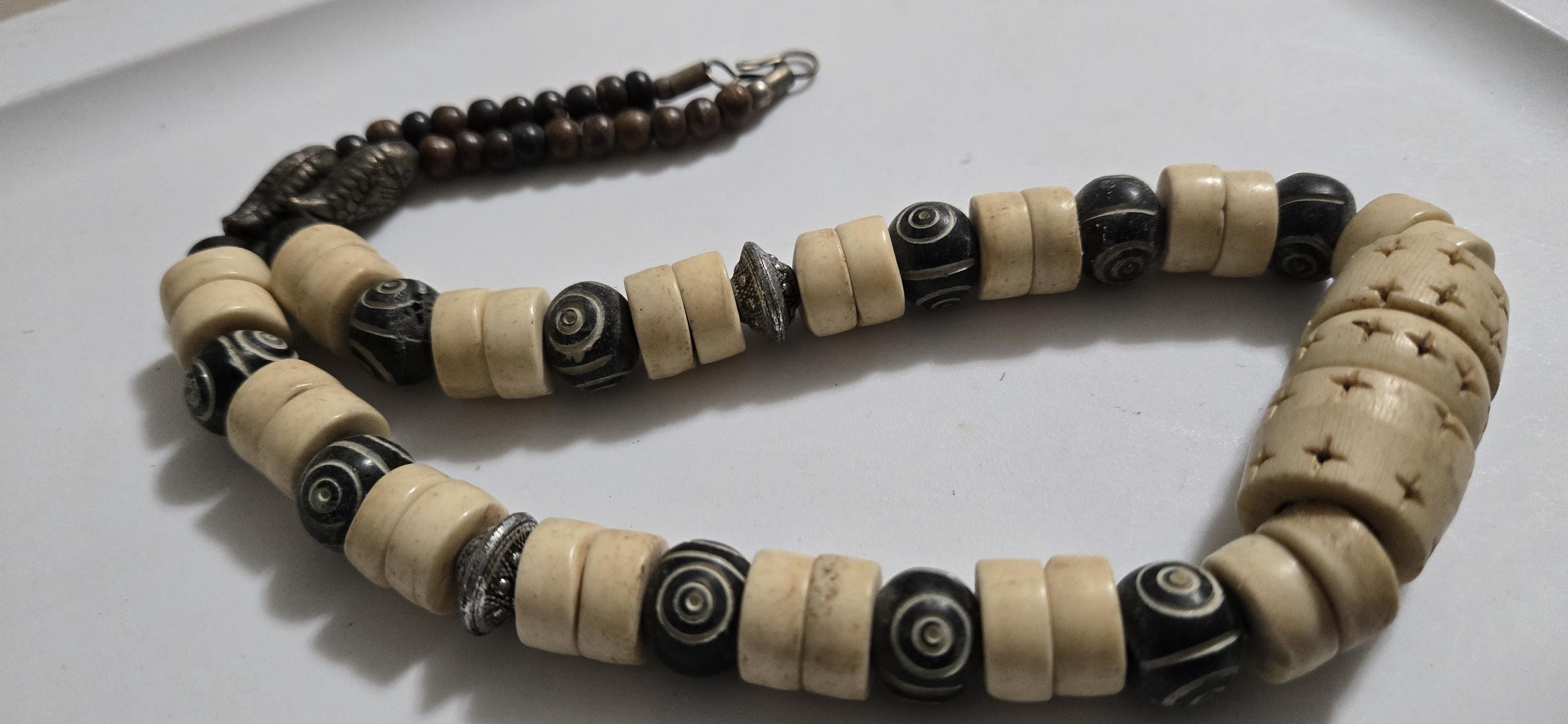 Vintage Nepal Carved Bone Beaded Necklace, Recycled Cattle Bone beads Brown Cream color Fish Metal Beads, Tribal Ethnic Necklace MG0021G