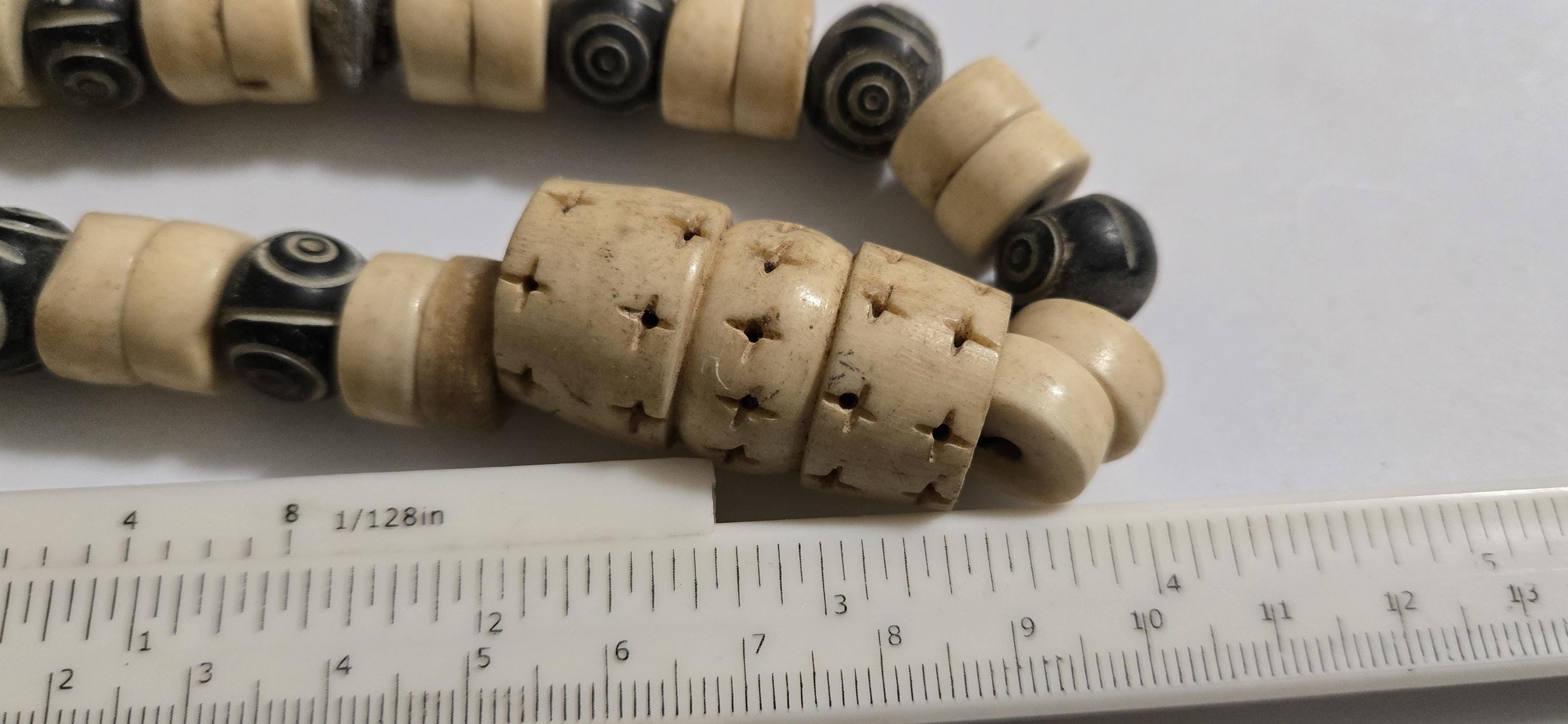 Vintage Nepal Carved Bone Beaded Necklace, Recycled Cattle Bone beads Brown Cream color Fish Metal Beads, Tribal Ethnic Necklace MG0021G