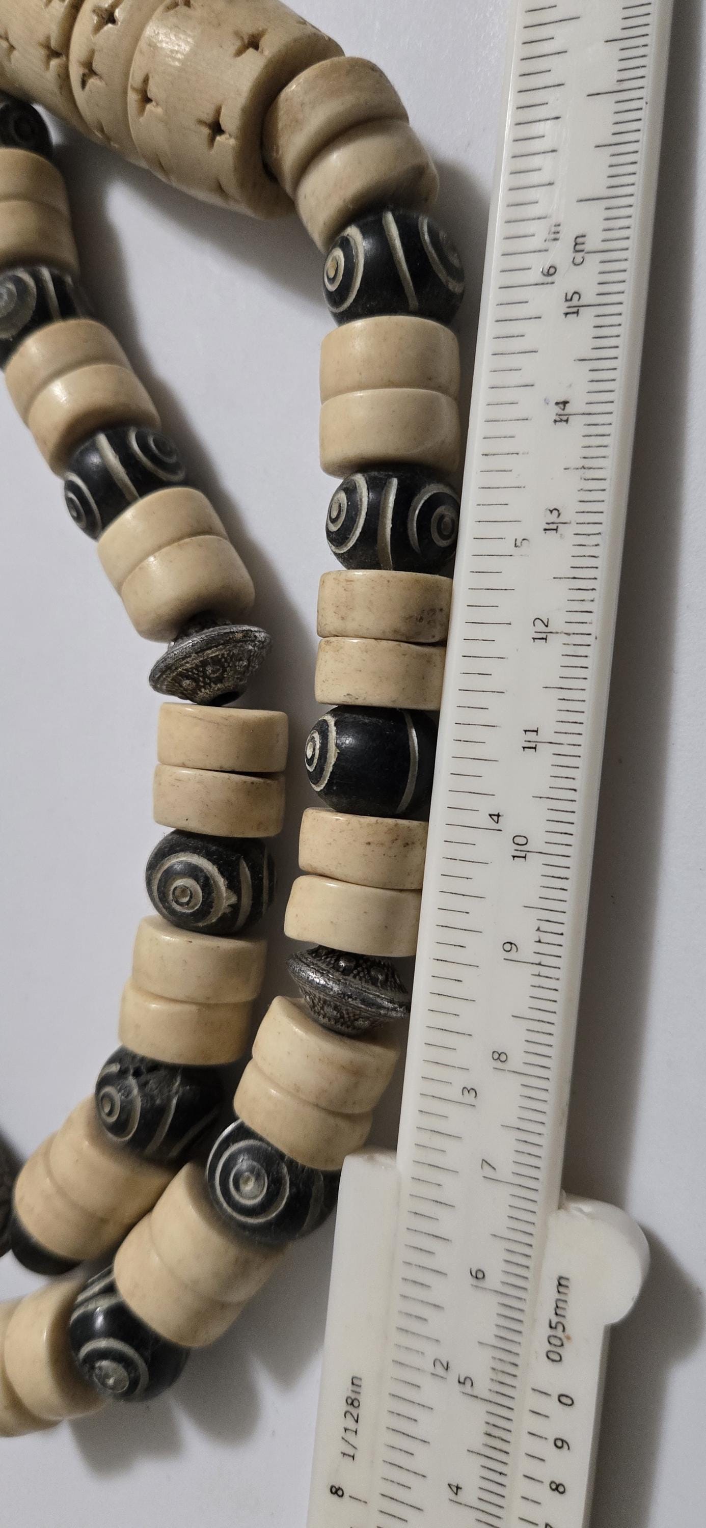 Vintage Nepal Carved Bone Beaded Necklace, Recycled Cattle Bone beads Brown Cream color Fish Metal Beads, Tribal Ethnic Necklace MG0021G