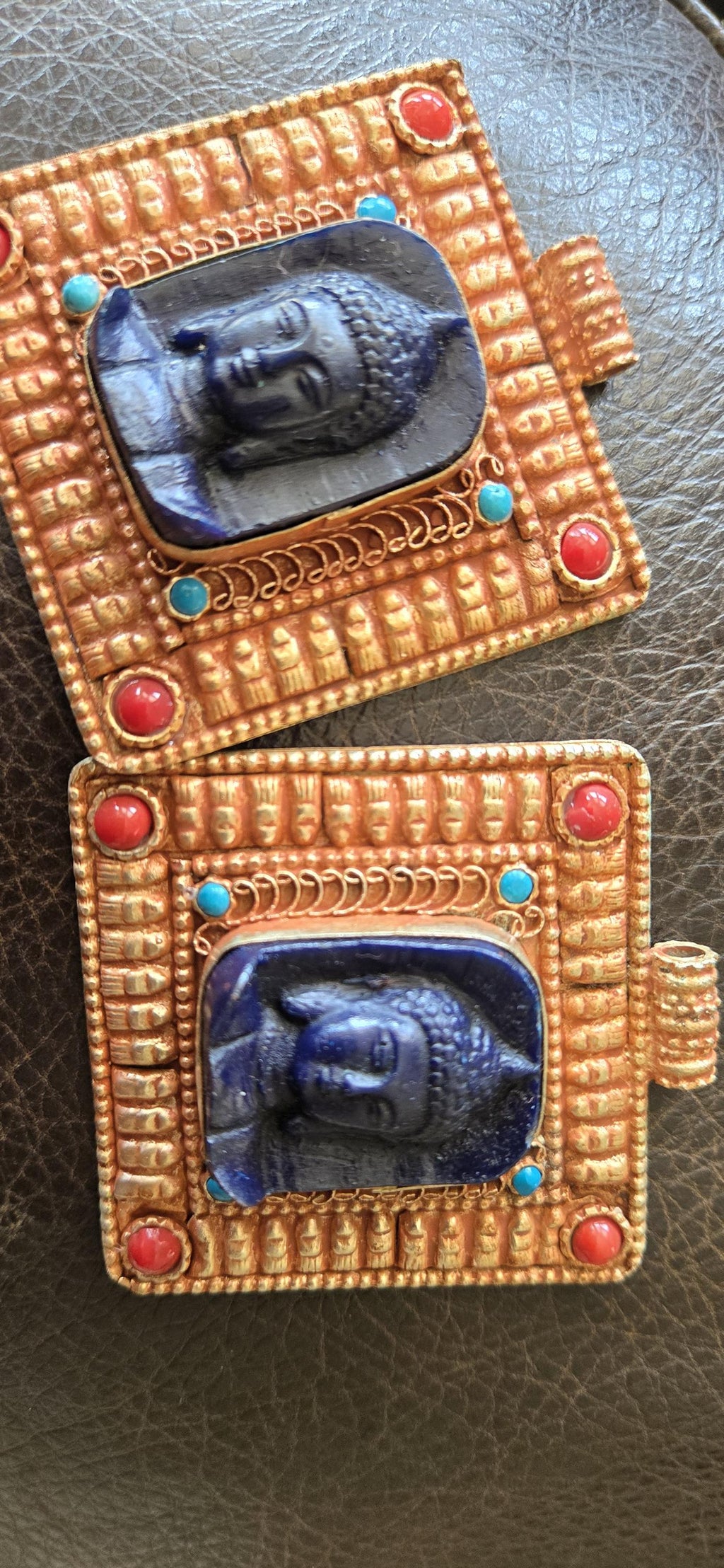 Gorgeous Square shape deep blue color Buddha pendant with ethnic tibetan filigree design copper color finish - PM109G