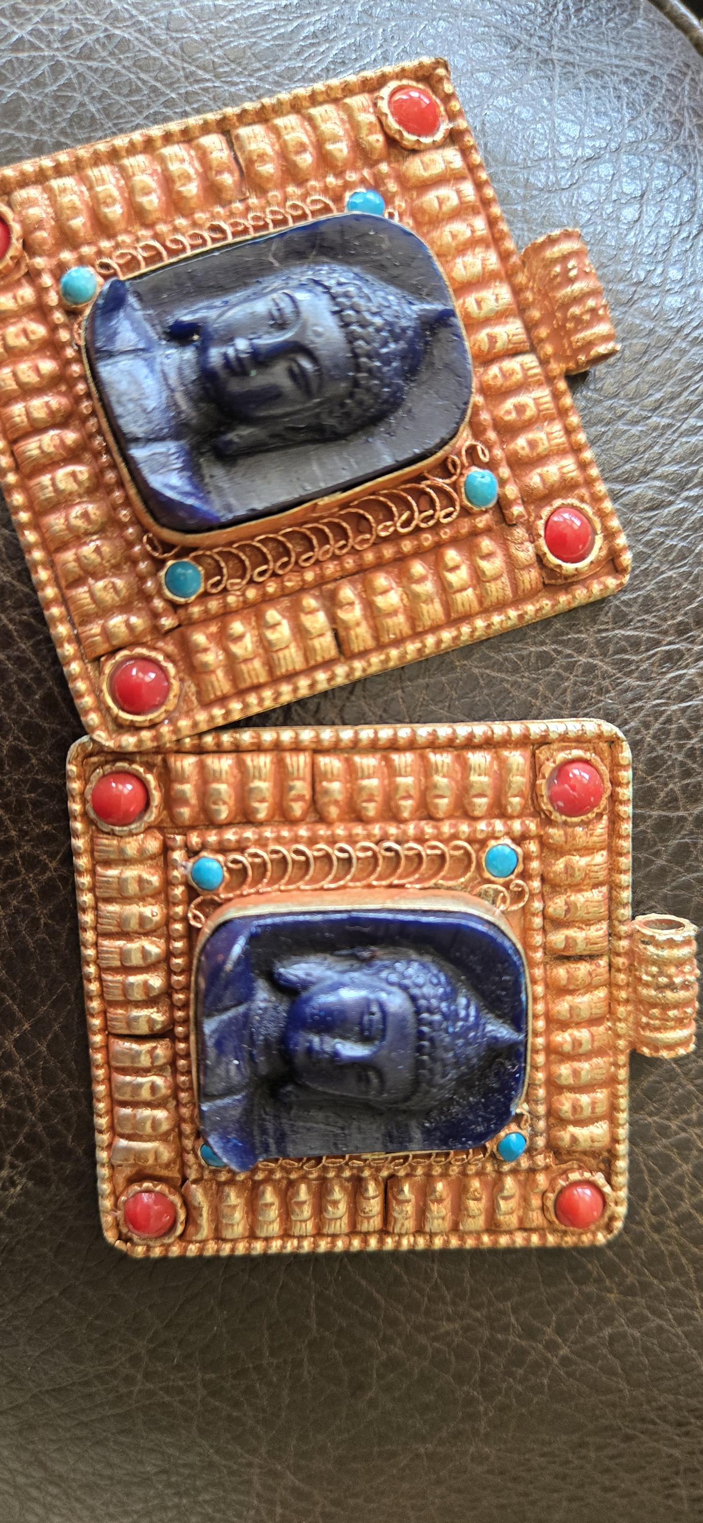 Gorgeous Square shape deep blue color Buddha pendant with ethnic tibetan filigree design copper color finish - PM109G