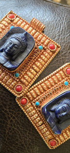 Gorgeous Square shape deep blue color Buddha pendant with ethnic tibetan filigree design copper color finish - PM109G