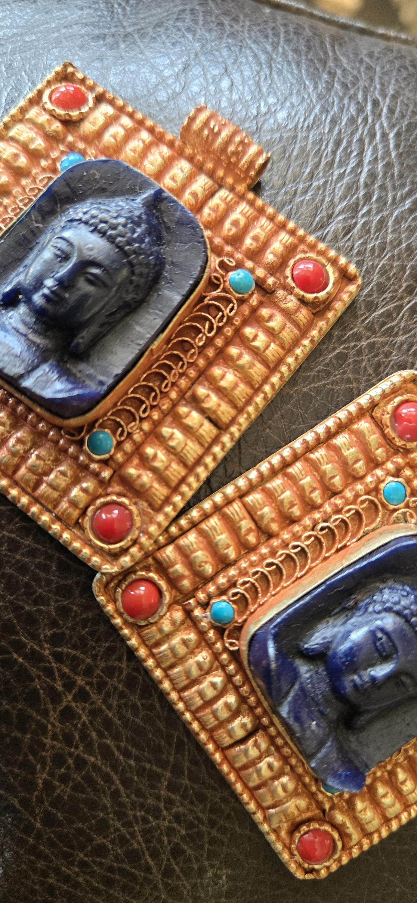 Gorgeous Square shape deep blue color Buddha pendant with ethnic tibetan filigree design copper color finish - PM109G