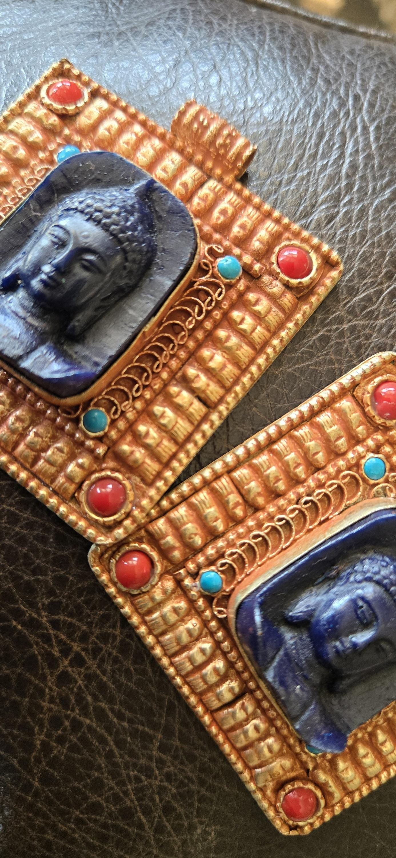 Gorgeous Square shape deep blue color Buddha pendant with ethnic tibetan filigree design copper color finish - PM109G