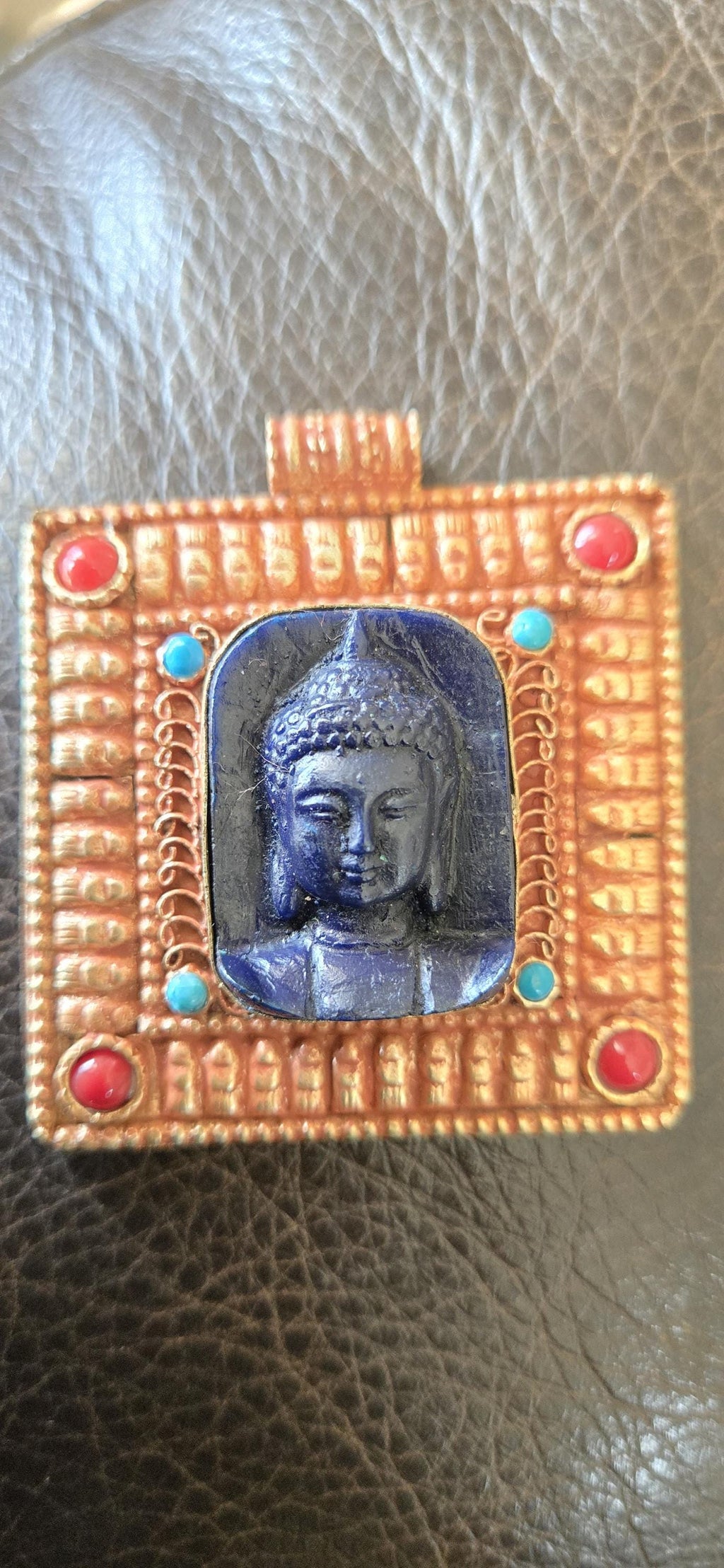 Gorgeous Square shape deep blue color Buddha pendant with ethnic tibetan filigree design copper color finish - PM109G