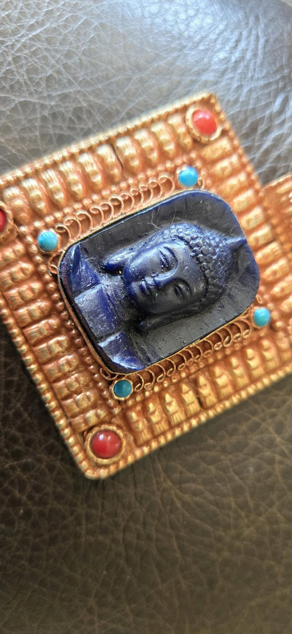 Gorgeous Square shape deep blue color Buddha pendant with ethnic tibetan filigree design copper color finish - PM109G