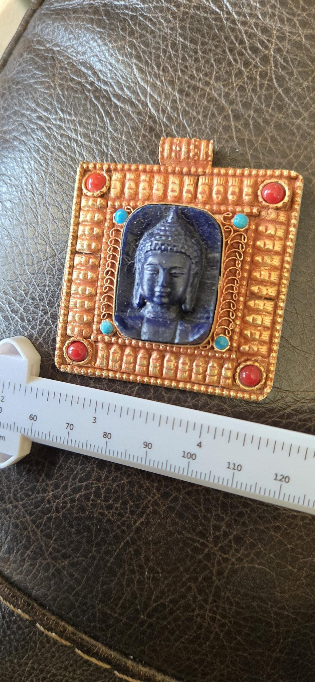 Gorgeous Square shape deep blue color Buddha pendant with ethnic tibetan filigree design copper color finish - PM109G