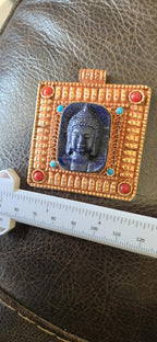Gorgeous Square shape deep blue color Buddha pendant with ethnic tibetan filigree design copper color finish - PM109G