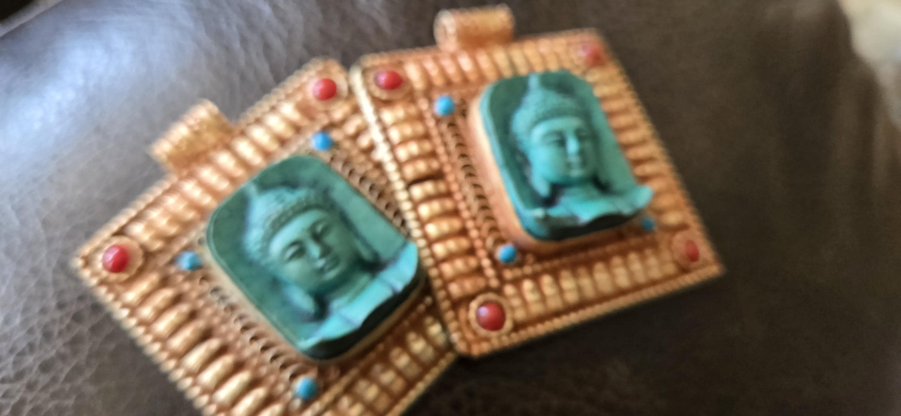 Gorgeous Square shape Green Buddha pendant with ethnic tibetan filigree design copper color finish - PM109E