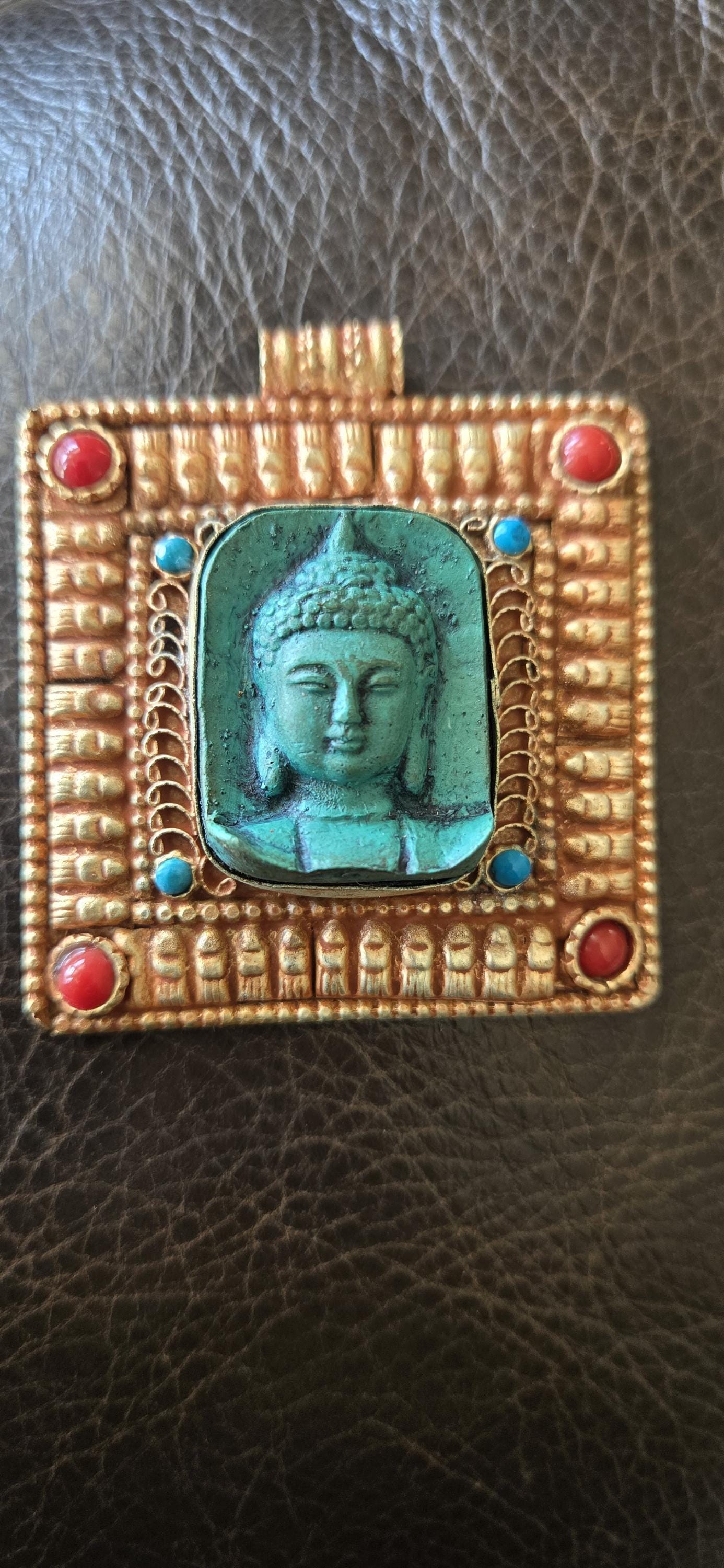 Gorgeous Square shape Green Buddha pendant with ethnic tibetan filigree design copper color finish - PM109E