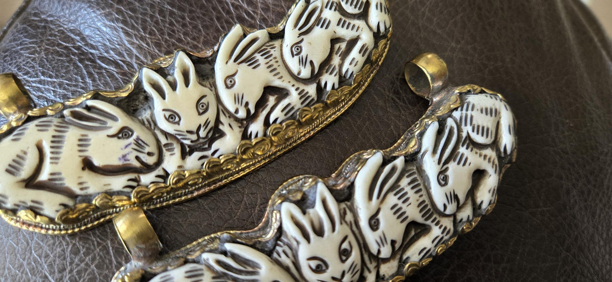 Large Tibetan Nepal Bone Pendant Rabbit Family Carved, Recycled Cattle Bone Jewelry, Double Bail, Lotus Flower Back, Ethnic Pendant PB001L