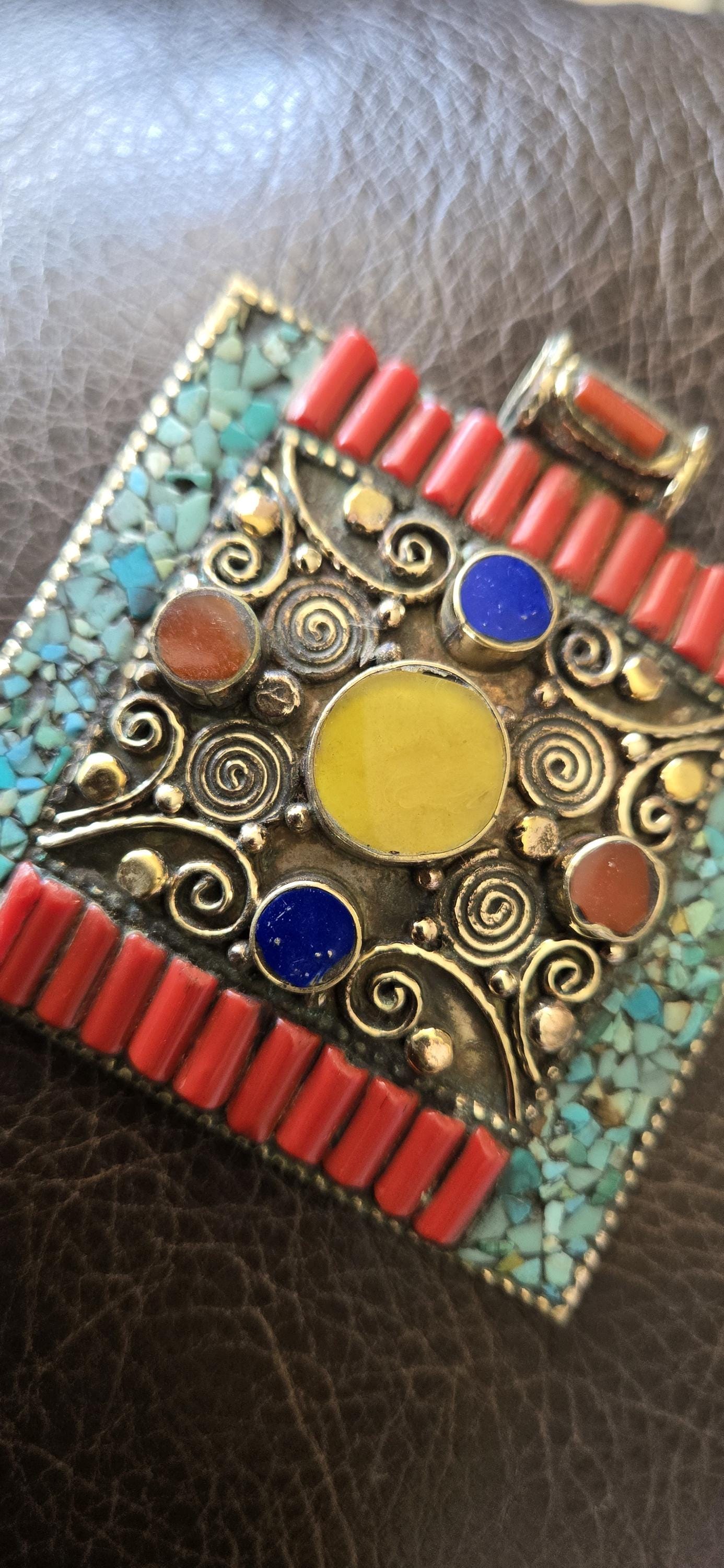 Large Tibetan Filigree Pendant copal resin turquoise mosaic Inlay, Nepal Ethnic Statement Jewelry pendant, Nepal Pendant PM100A