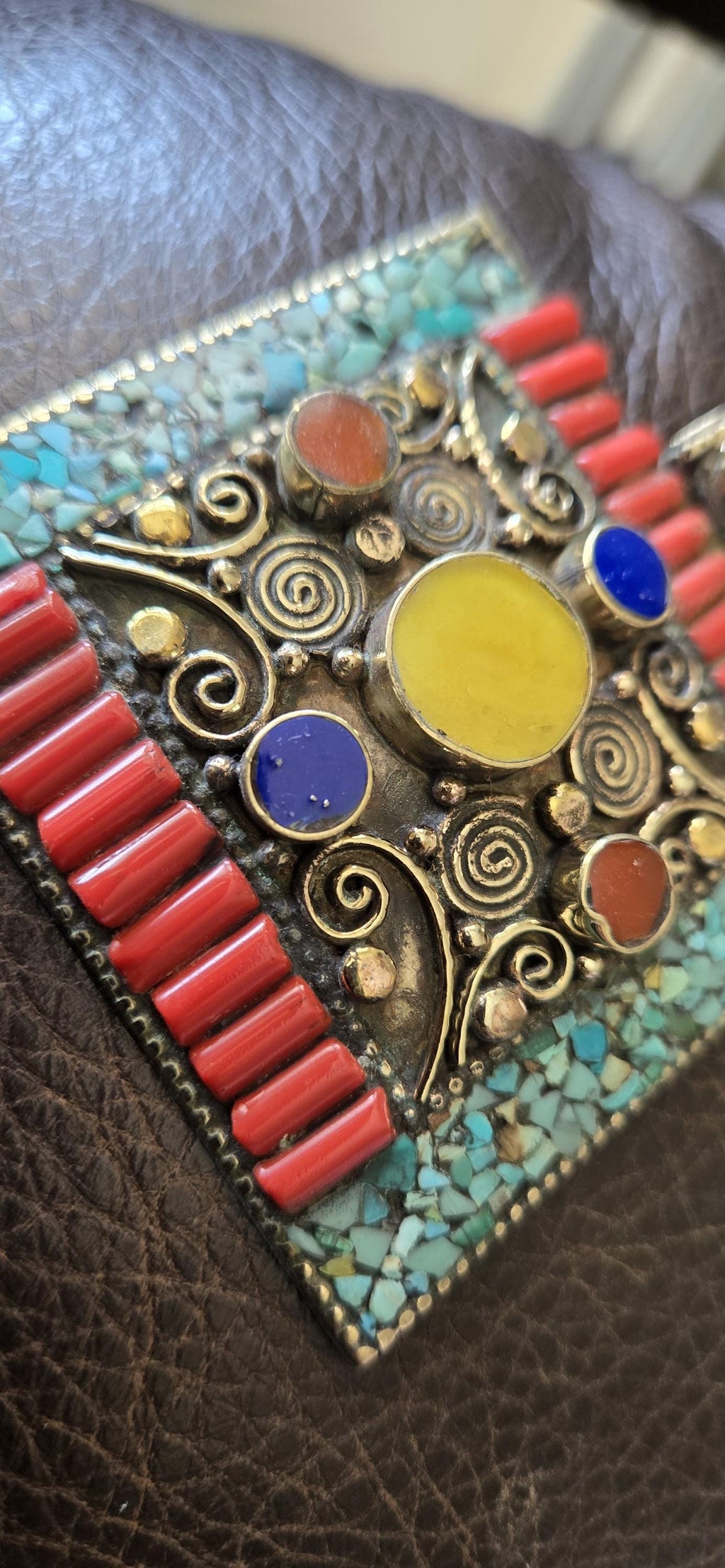 Large Tibetan Filigree Pendant copal resin turquoise mosaic Inlay, Nepal Ethnic Statement Jewelry pendant, Nepal Pendant PM100A