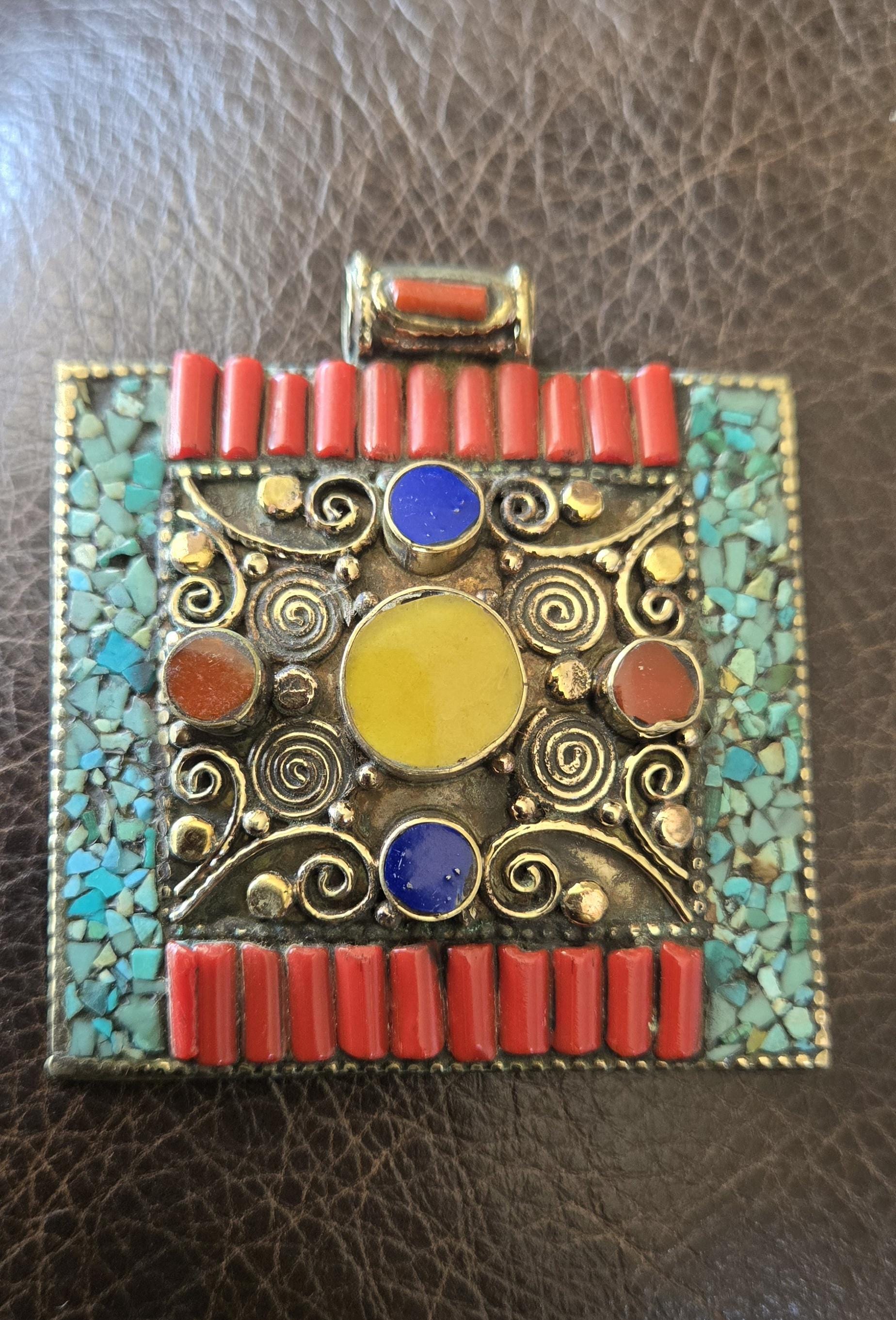 Large Tibetan Filigree Pendant copal resin turquoise mosaic Inlay, Nepal Ethnic Statement Jewelry pendant, Nepal Pendant PM100A