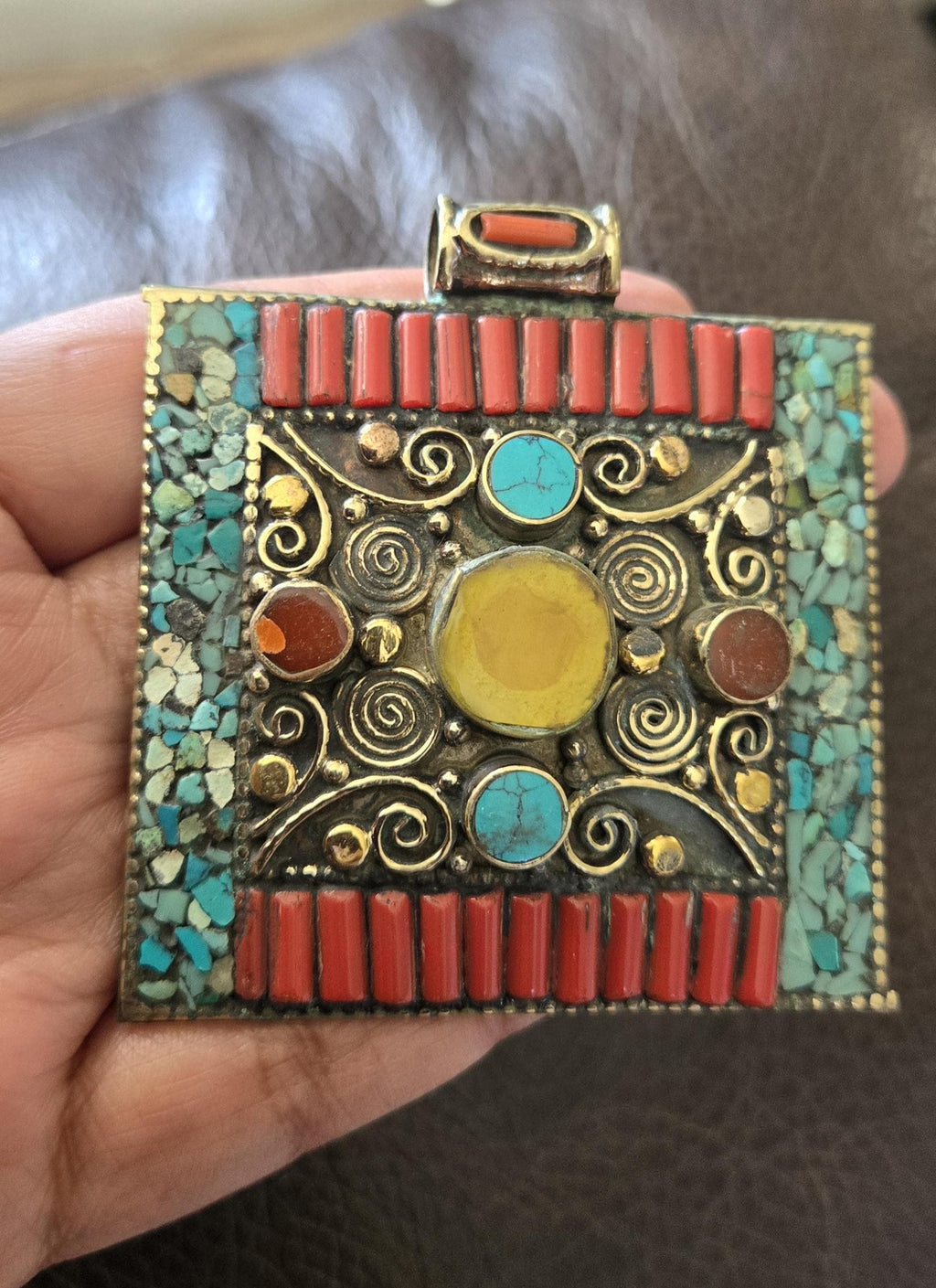 Large Tibetan Filigree Pendant copal resin turquoise mosaic Inlay, Nepal Ethnic Statement Jewelry pendant, Nepal Pendant PM100B