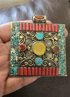 Large Tibetan Filigree Pendant copal resin turquoise mosaic Inlay, Nepal Ethnic Statement Jewelry pendant, Nepal Pendant PM100B