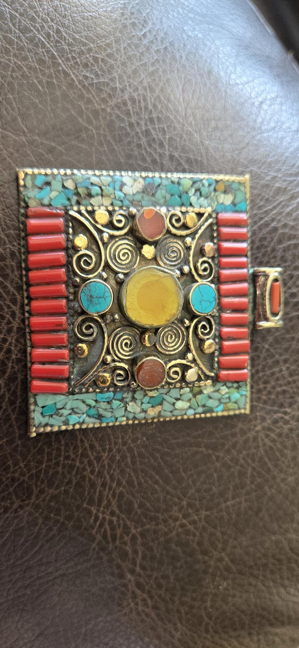 Large Tibetan Filigree Pendant copal resin turquoise mosaic Inlay, Nepal Ethnic Statement Jewelry pendant, Nepal Pendant PM100B
