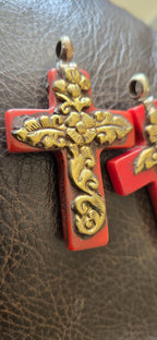 1 Pendant - Tibetan brass fish and floral design red tone resin cross pendant from Nepal - PM514B
