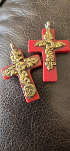 1 Pendant - Tibetan brass fish and floral design red tone resin cross pendant from Nepal - PM514B