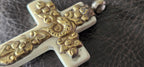1 Pendant - Tibetan brass deer, fish and floral design cream color resin cross pendant crude finish from Nepal - PM514H