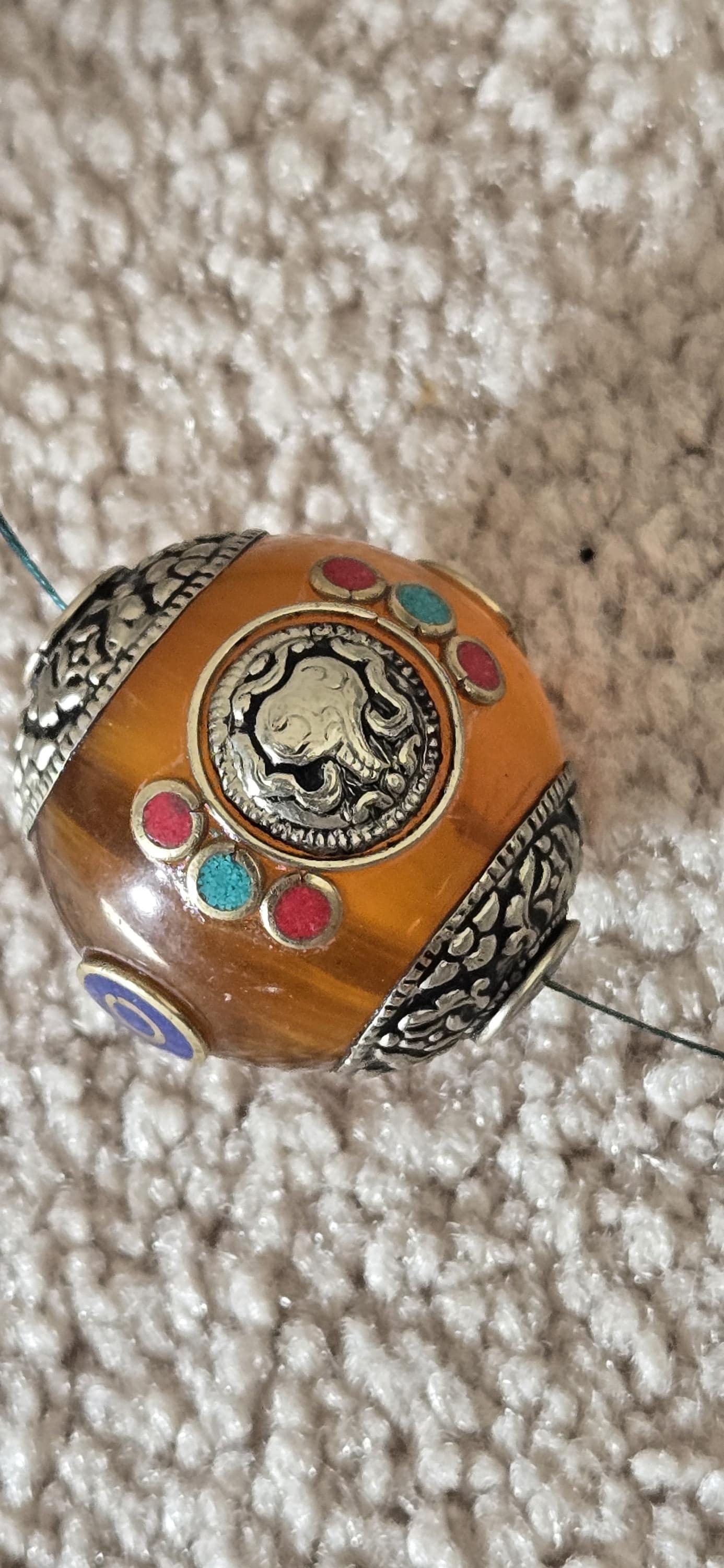 1 bead - Large Honey Resin Bead with Tibetan Conch Shell (Shankha) Ashtamangala Design, Capped Nepal Bead double dorje design BD788H