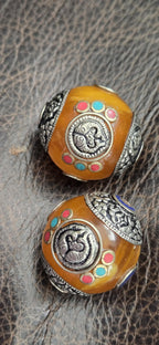1 bead - Large Honey Resin Bead with Tibetan double fish ashtamangala Design, Capped Nepal Bead double dorje design BD788K