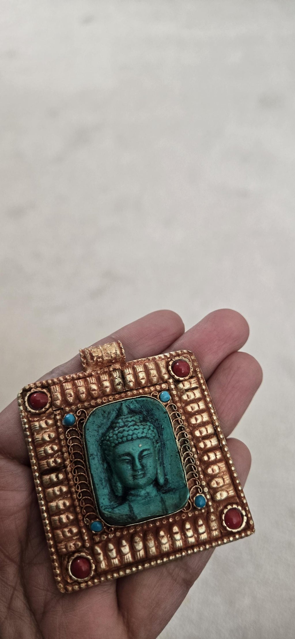 Gorgeous Square shape Green Buddha pendant with ethnic tibetan filigree design copper color finish - PM109E