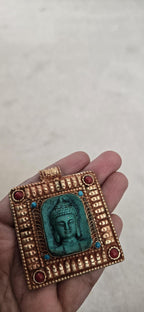 Gorgeous Square shape Green Buddha pendant with ethnic tibetan filigree design copper color finish - PM109E