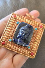 Gorgeous Square shape deep blue color Buddha pendant with ethnic tibetan filigree design copper color finish - PM109G